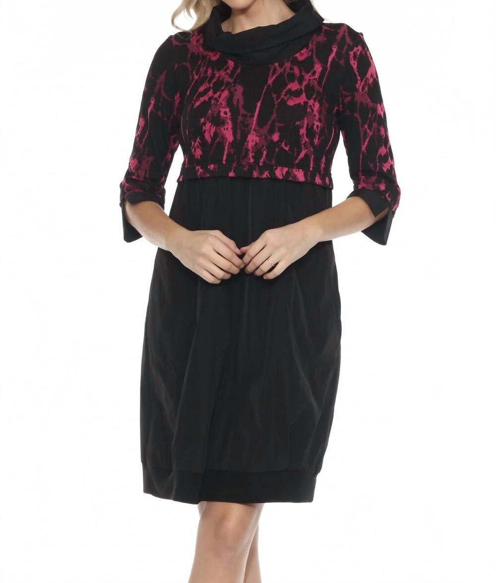 NEW JOSEPH RIBKOFF abstract print cowl neck cocoon dress in black/pink